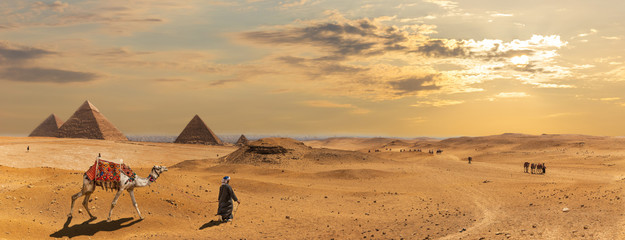 The Pyramids of Giza, desert panorama with the bedouins, Egypt