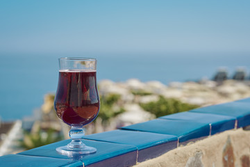 Delicious sangria wine on the balcony of a hotel against sea view.