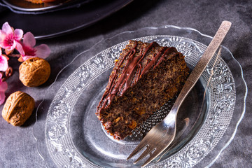 juicy poppy seed cake with apples and chocolate glaze