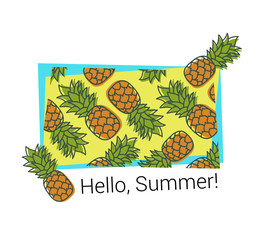 Pineapple print. Hello summer. Exotic design. Vector sketch. Hand drawn fresh fruit. Doodle illustration. Textile fashion