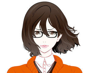 メガネをかけた秋服の女性 /  怒る / なびく髪