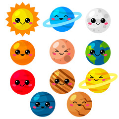Kawaii cartoon vector set of planets. Cute solar system for kids. Planets, sun and moon with funny faces. © Kristina