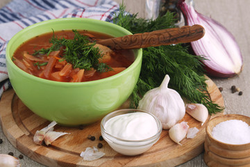 A bowl with traditional Ukrainian borscht