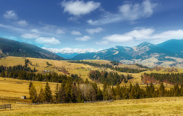 Awesome alpine highlands in sunny day. Spring Landscape inthe mountains with perfect sky. Wonderful nature background.