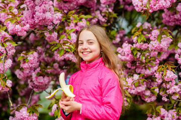 Little girl eat banana. Kid on pink flowers of sakura tree background. Kid enjoying cherry blossom sakura. Happy spring vacation. Spring in botany garden. That is how spring smells. Tender bloom
