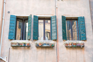 Windows with flowers in old house