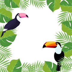 Obraz na płótnie Canvas Exotic toucan bird with palm leaves, hibiscus flowers vector illustration