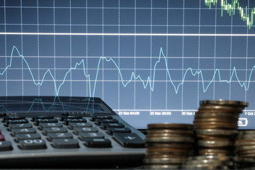 Double exposure of graph and rows of coins for finance and business concept., ECN digital economy...
