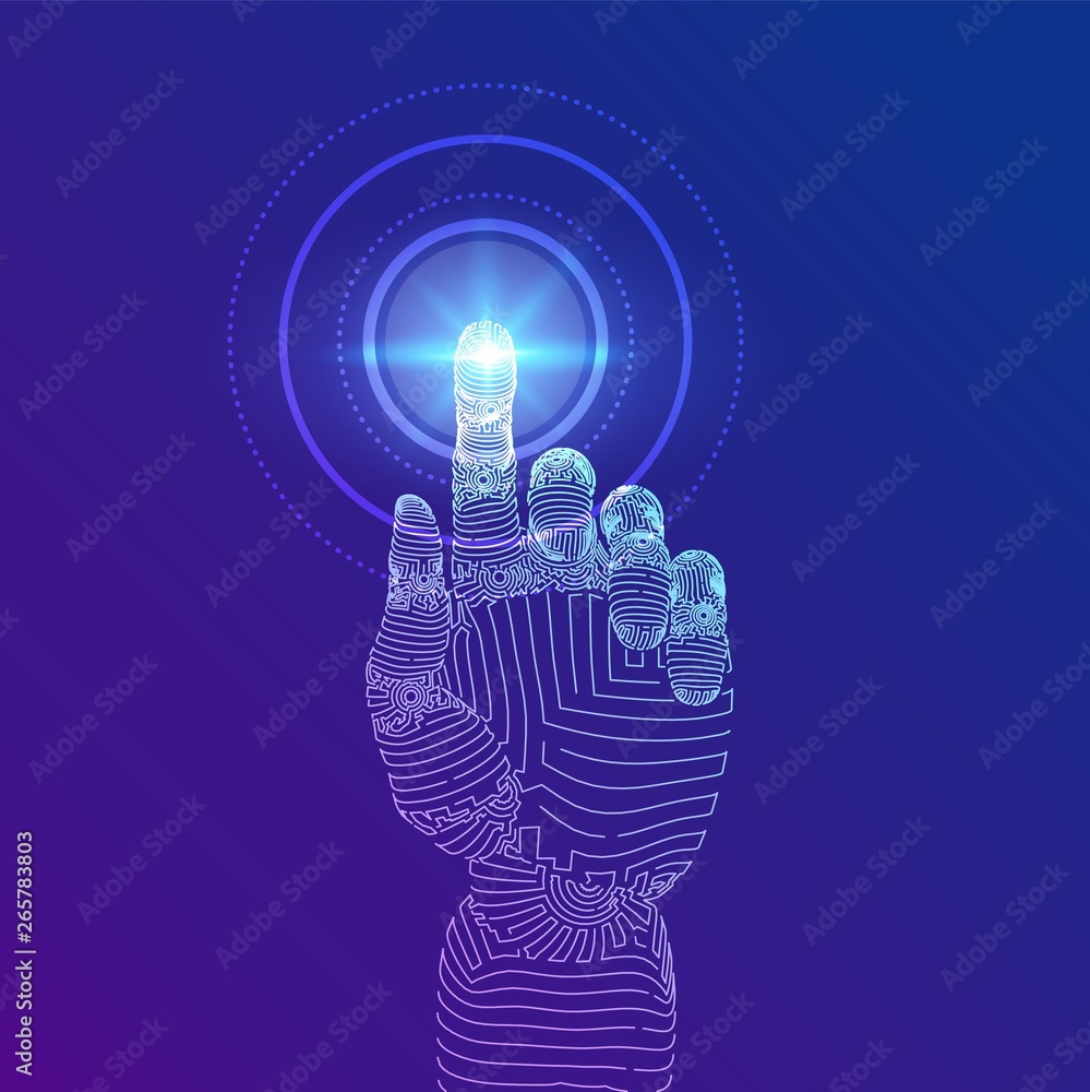Poster robotic hand touching digital interface. virtual reality. touch the future wireframe illustration. c