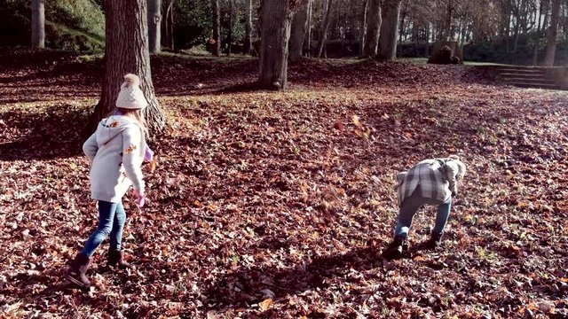 Mother and daughter get in leaf fight and throw leaves at eachother