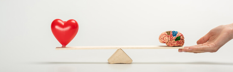 panoramic shot of woman holding seesaw with human brain and red heart on white