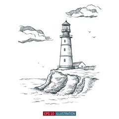 Hand drawn lighthouse. Template for your design works. Engraved style vector illustration.