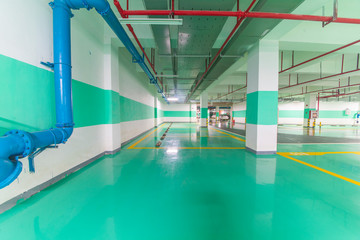 Underground parking and ceiling piping systems.