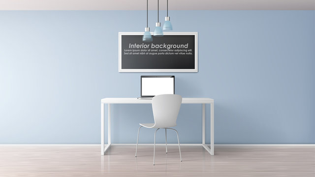 Modern office, coworking center work place, home cabinet minimalistic interior with laptop on white desk, single chair, painting or photo frame on blue wall, hanging ceiling-mounted lamps illustration