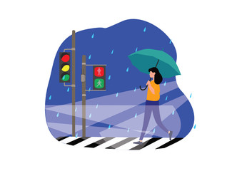 illustration of woman walking on the crossroad while in traffic light on the rainy day