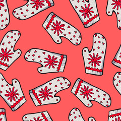 Christmas seamless pattern hand-drawn. White knitted mitten with a red Christmas pattern on a red background.