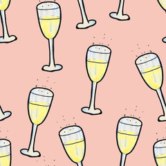 Christmas seamless pattern hand-drawn. A glass of champagne on a pink background. Happy New Year