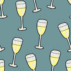 Christmas seamless pattern hand-drawn. A glass of champagne on a dark background. Happy New Year