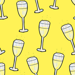 Christmas seamless pattern hand-drawn. A glass of champagne on a yellow background. Happy New Year