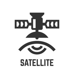 Satellite glyph icon with communication spacecraft, dish antenna, earth and wireless signal technology symbol.