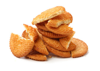 Biscuits with whole-wheat flour. Crunchy, grains  on white background