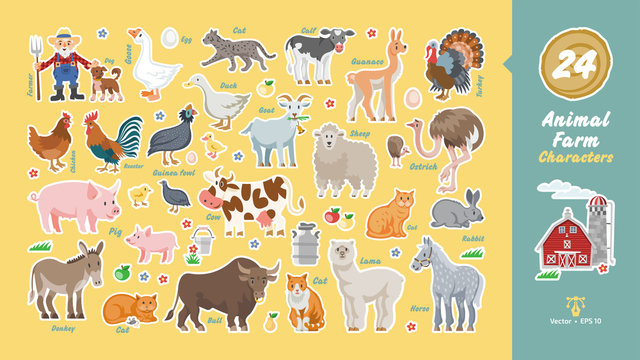 Animal farm characters set with farmer, dog, barn, cow, sheep, donkey, pig, chicken, rooster, duck, turkey, goat, bull, calf, ostrich, rabbits, cats, goose, lama, horse, guinea fowl funny collection.