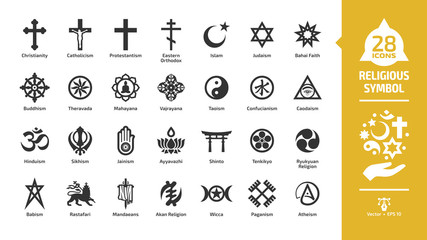 Religious symbol glyph icon set with christian cross, islam crescent and star, judaism star of david, buddhism wheel of dharma, hinduism aum letter religion silhouette sign. - obrazy, fototapety, plakaty