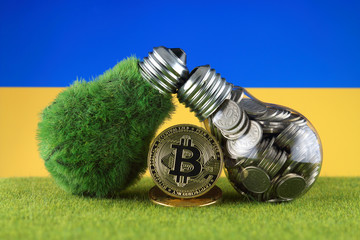 Bitcoin (BTC), green renewable energy concept, and Ukraine Flag. Electricity prices, energy saving in the cryptocurrency mining business.
