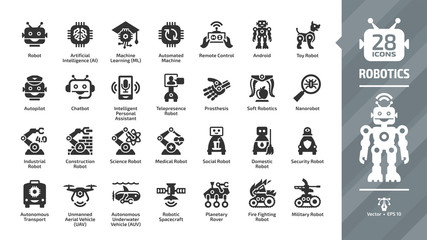 Robotics industry glyph icon set with robot and bot technology, artificial intelligence AI, machine learning ML, automated and remote control, smart chip, android, toy and more tech symbols.