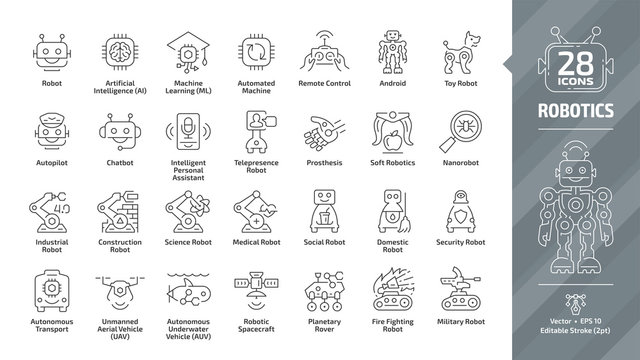 Robotics industry editable stroke outline icon set with industrial, construction, science, medical social, domestic, security, military, fire fighting robot and more tech line symbols.