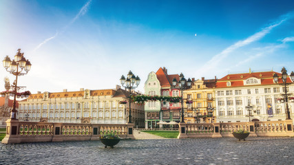 Fototapeta premium Union Square Timisoara Historical buildings morning sunrise