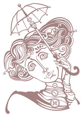 Fototapeta na wymiar Girl under the umbrella. Linear drawing. Vector graphics
