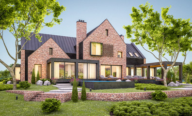 3d rendering of modern cozy clinker house on the ponds with garage and pool for sale or rent with beautiful landscaping on background. Clear summer evening with cozy light from window