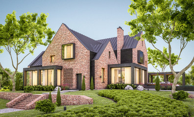 3d rendering of modern cozy clinker house on the ponds with garage and pool for sale or rent with beautiful landscaping on background. Clear summer evening with cozy light from window