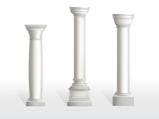 Ancient columns set isolated on white background. Antique classic stone ornate pillars of roman or greece architecture for interior or facade. Joinery vintage elements Realistic 3d vector illustration