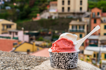 Traditional homemade Italian strawberry and lemon ice cream in a cup with the colorful and charming...