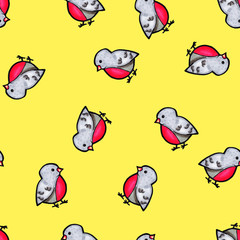 Obraz premium Christmas seamless pattern drawn by hand. Bullfinch on a yellow background .New year.