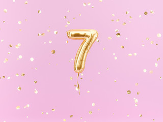 Seven year birthday. Number 7 flying foil balloon on pink. Seven-year anniversary gold confetti background. 3d rendering - obrazy, fototapety, plakaty