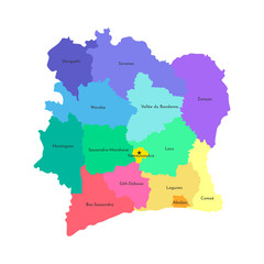 Vector isolated illustration of simplified administrative map Ivory Coast (Côte d'Ivoire). Borders and names of the counties