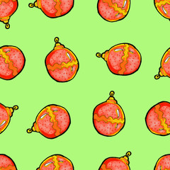 Christmas seamless pattern drawn by hand. Red New Year's ball on a green background. Happy New Year