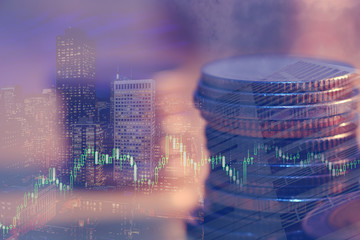 Double exposure of graph and rows of coins for finance and business concept., ECN digital economy and economic exchange.