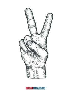 Hand drawn victory hand gesture. Engraved style vector illustration. Element for you design works.