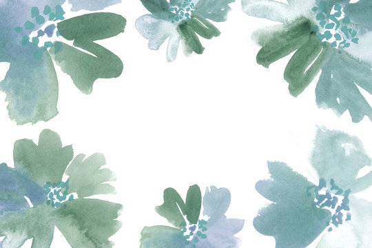 Watercolor floral frame in pastel green and blue. 