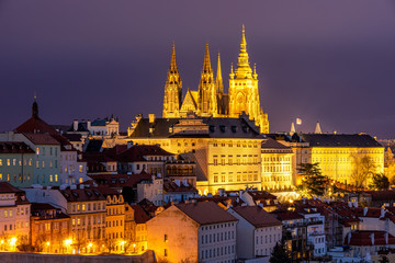 Fototapeta na wymiar Prague Castle and Lesser Town panorama by night. View from Petrin Hill. Prague, Czech Republic. View of Prague Castle from Strahov monastery at night. Prague, Czech Republic