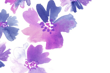 Loose watercolor flowers in purple and blue. Floral stationery card template.
