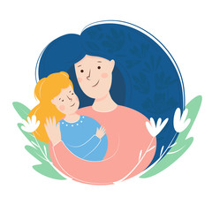 Mother and daughter hugging. Mother's day card about mother's love and care. Flat illustration