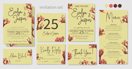 Set of vector wedding invitation, greeting card, save date. Frame of jatropha set, greenery, natural leaves and red branches, designer art tropical elements. Watercolor, rustic style, banners