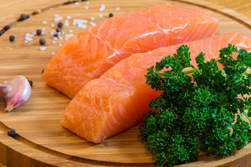 Salmon fish steck on the cutting board