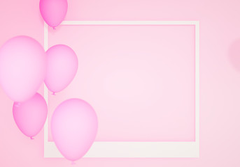 Photo frame and pink pastel balloon background, happy birthday banner, congratulation, girly wish list concept, 3d illustration