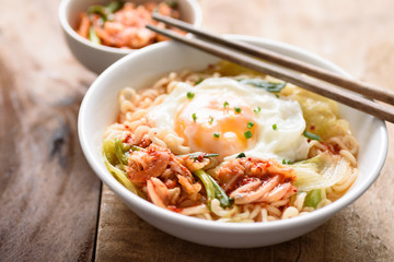 Kimchi noodle spicy soup with egg and vegetables, Korean food